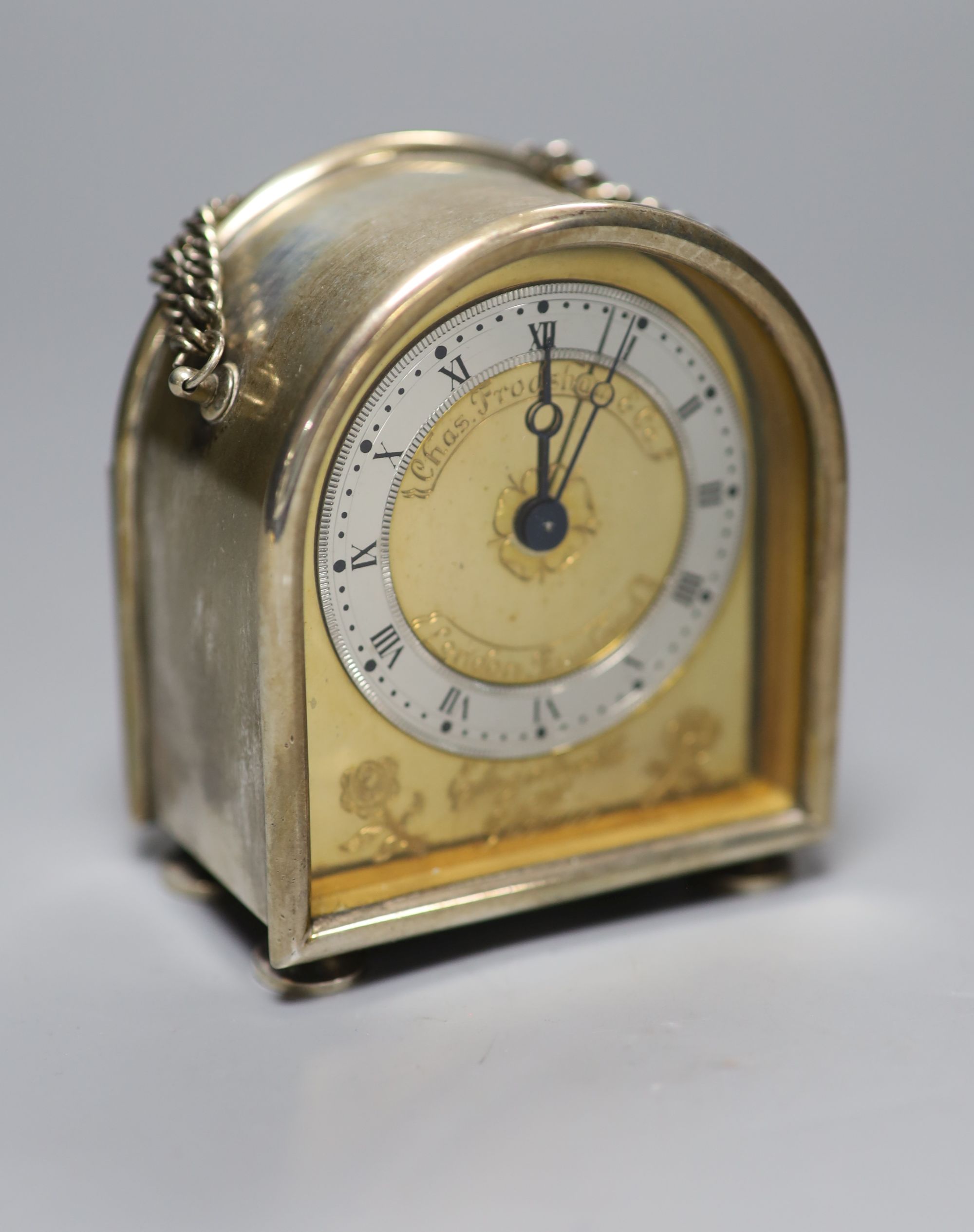 A modern Charles Frodsham & Co silver cased carriage domed timepiece, maker TC, London, 1981, with chain suspension, 82mm.